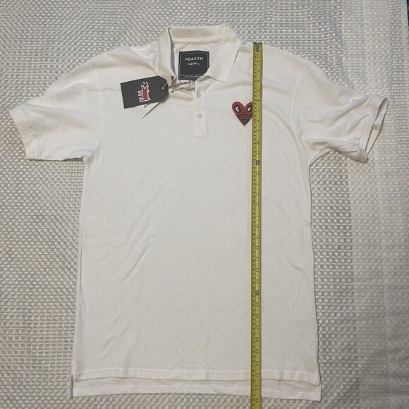 Reason Clothing Keith Haring Embroidered Heart Polo Shirt White Men Lrg New Tag - Picture 10 of 11